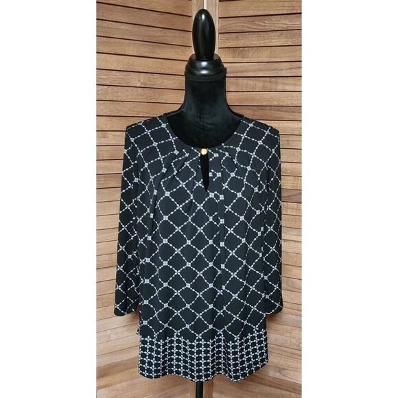 Liz Claiborne Petite XXL Career Women's Chain Print 3/4 Sleeve Blouse Black - Picture 1 of 8